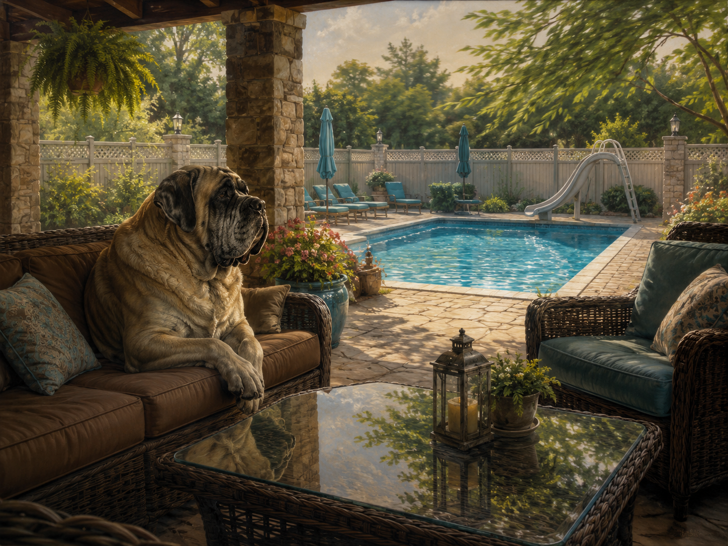 A mastiff on a brown patio couch watching a blue backyard pool.