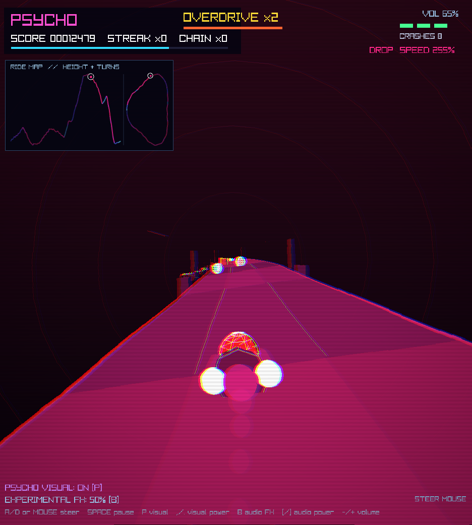PSYCHO ship descending a hot pink road at 255 percent speed